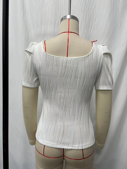 Slim-Fit Wavy Textured Knit Top with U-Neck and Puff Sleeves