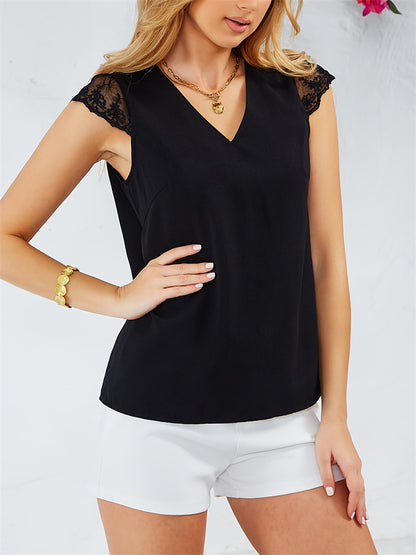 Solid V-Neck Blouse with Lace Cap Sleeves and Tie Back