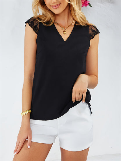 Solid V-Neck Blouse with Lace Cap Sleeves and Tie Back