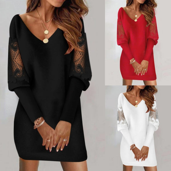Bodycon Mini Dress with V-Neck and Lace Sleeves