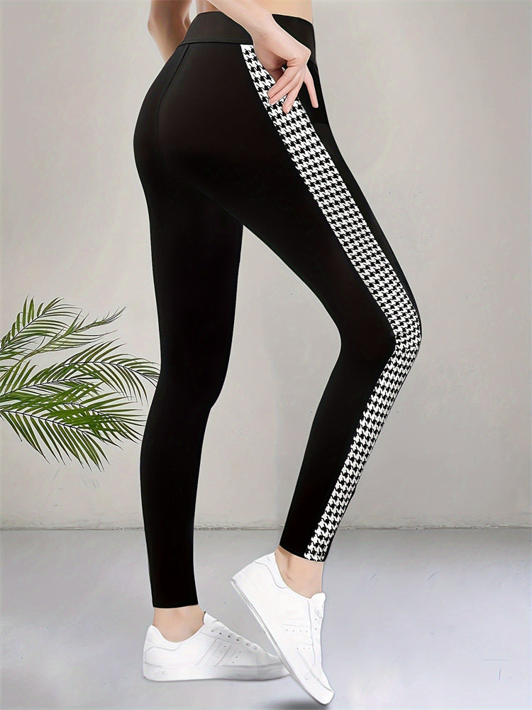 High-Waist Leggings with Houndstooth Side Stripe