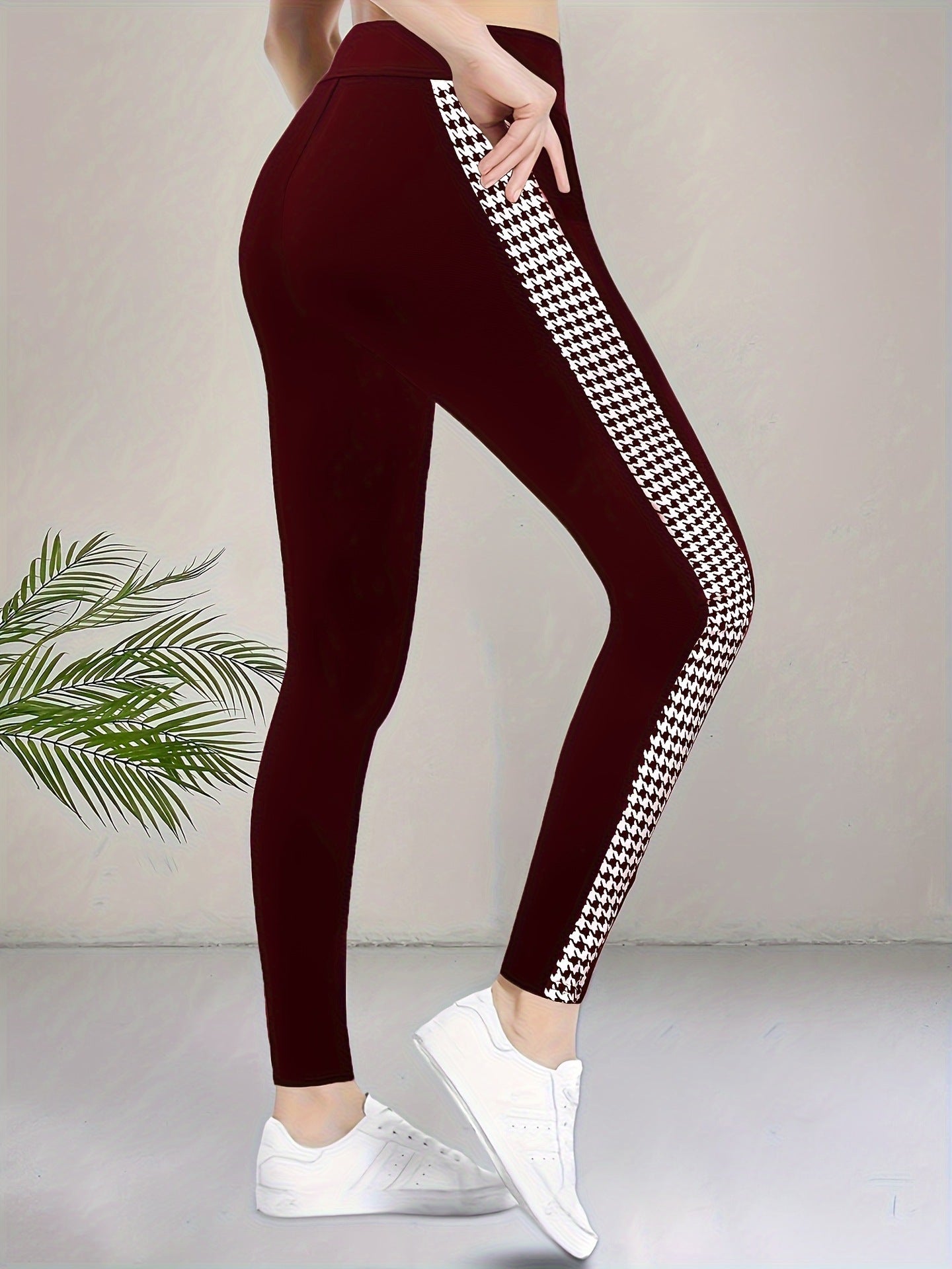 High-Waist Leggings with Houndstooth Side Stripe