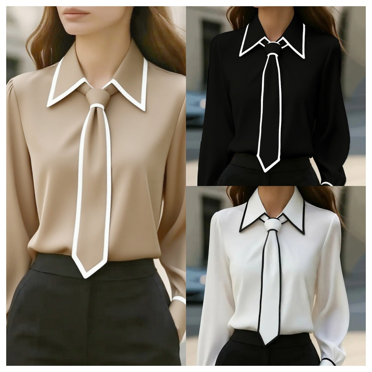 Piped Long-Sleeve Blouse with Integrated Tie Design
