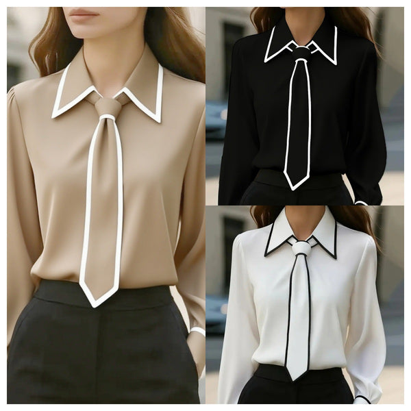 Piped Long-Sleeve Blouse with Integrated Tie Design
