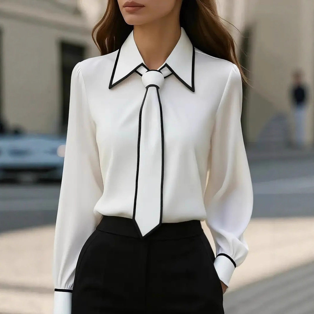 Piped Long-Sleeve Blouse with Integrated Tie Design