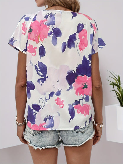 Floral Print Short-Sleeved Top with Round Neck