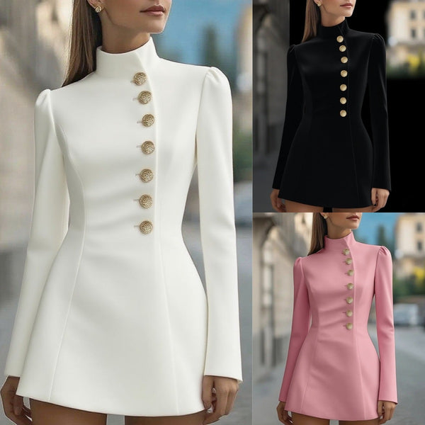 Slim-Fit Mini Dress with Stand Collar and Gold Buttons