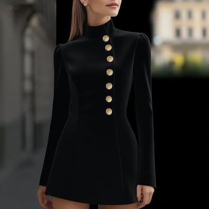 Slim-Fit Mini Dress with Stand Collar and Gold Buttons