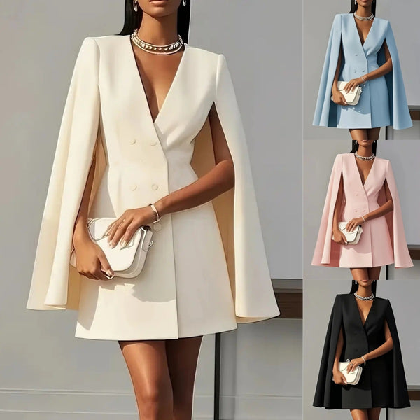 Double-Breasted Blazer Mini Dress with Cape Sleeves
