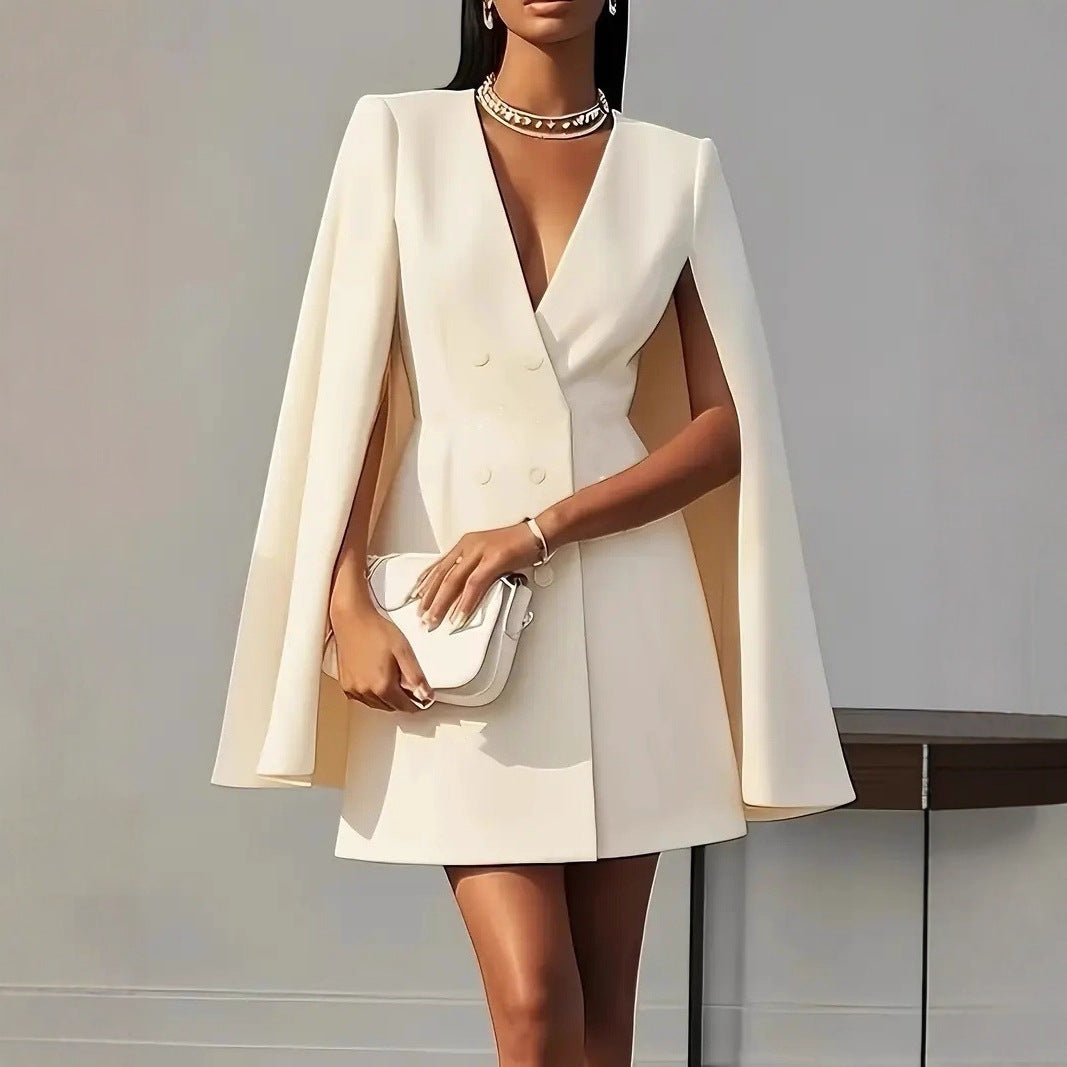 Double-Breasted Blazer Mini Dress with Cape Sleeves