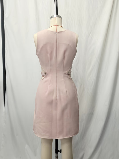 Solid A-Line Dress with Round Neck and Waist Cut-Outs