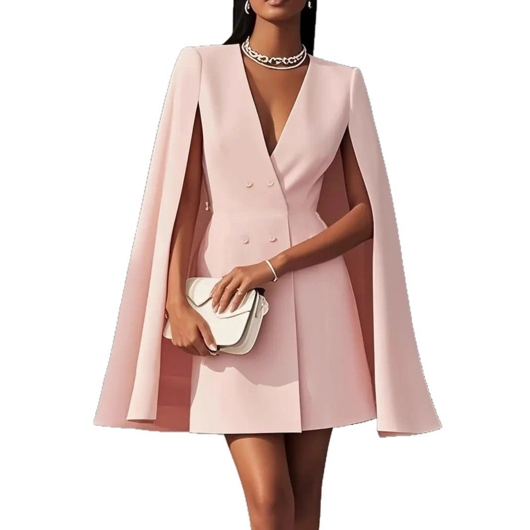 Double-Breasted Blazer Mini Dress with Cape Sleeves