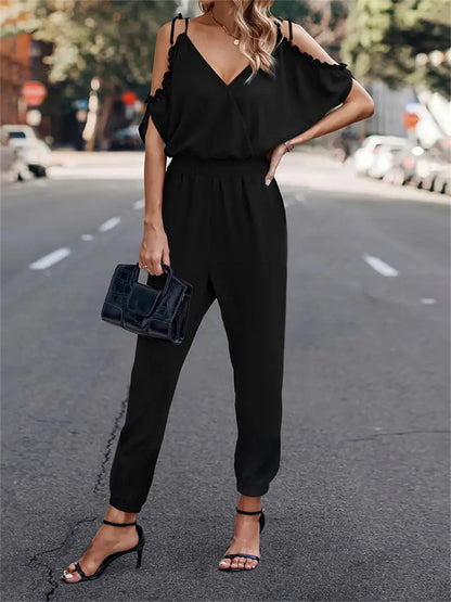 Off-Shoulder Jumpsuit with V-Neck and Tapered Legs