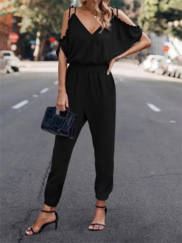 Off-Shoulder Jumpsuit with V-Neck and Tapered Legs