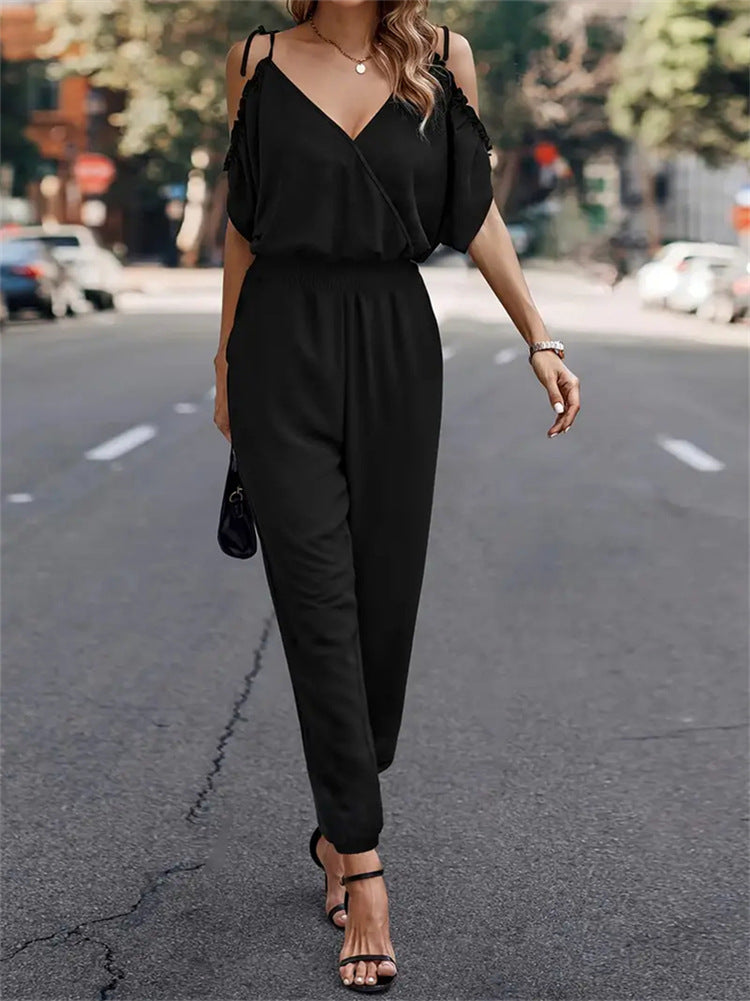 Off-Shoulder Jumpsuit with V-Neck and Tapered Legs