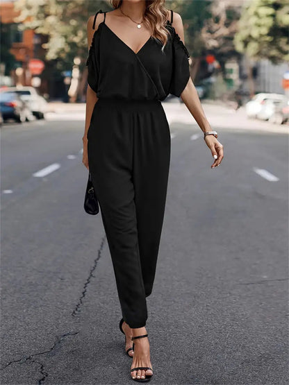 Off-Shoulder Jumpsuit with V-Neck and Tapered Legs