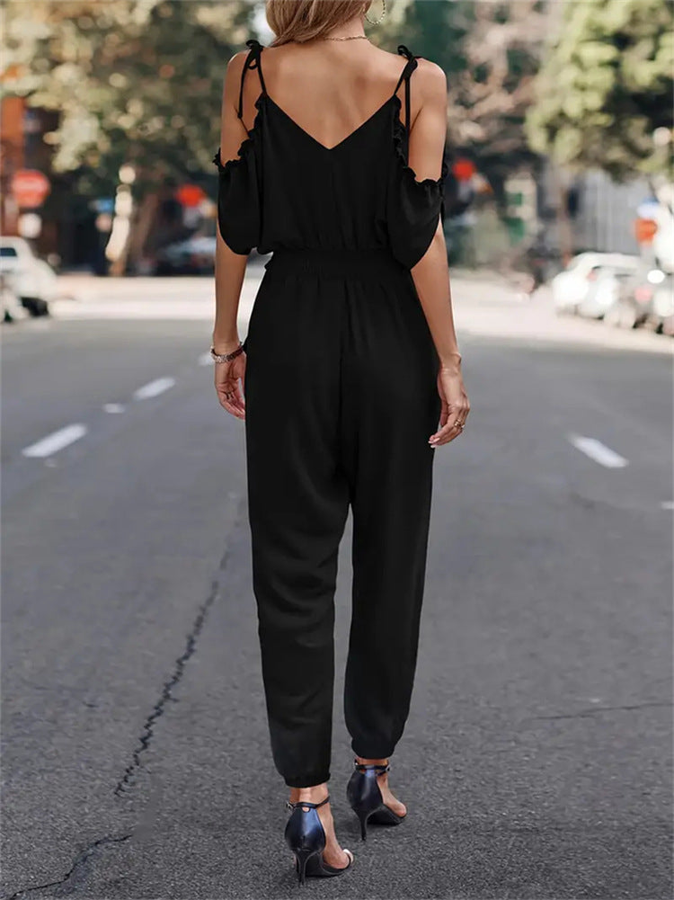 Off-Shoulder Jumpsuit with V-Neck and Tapered Legs
