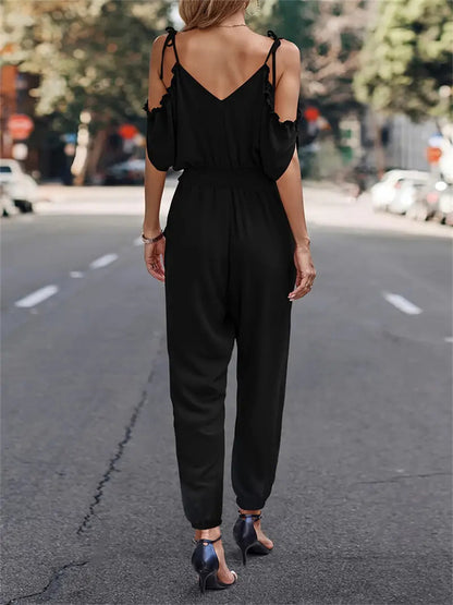 Off-Shoulder Jumpsuit with V-Neck and Tapered Legs