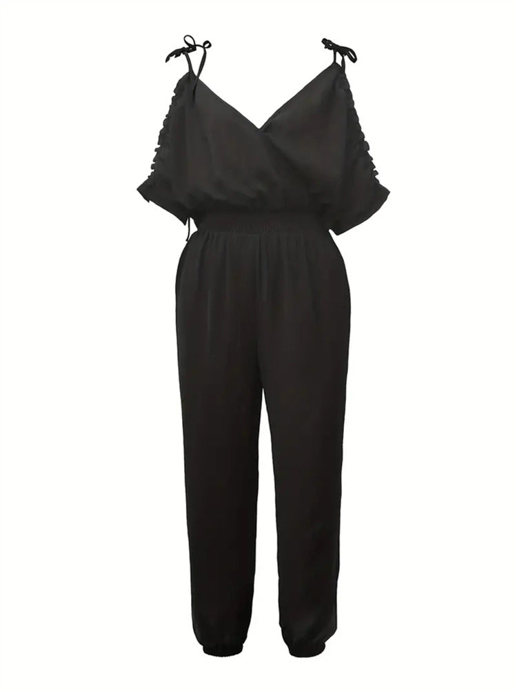 Off-Shoulder Jumpsuit with V-Neck and Tapered Legs
