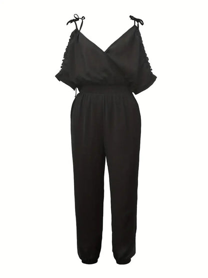 Off-Shoulder Jumpsuit with V-Neck and Tapered Legs