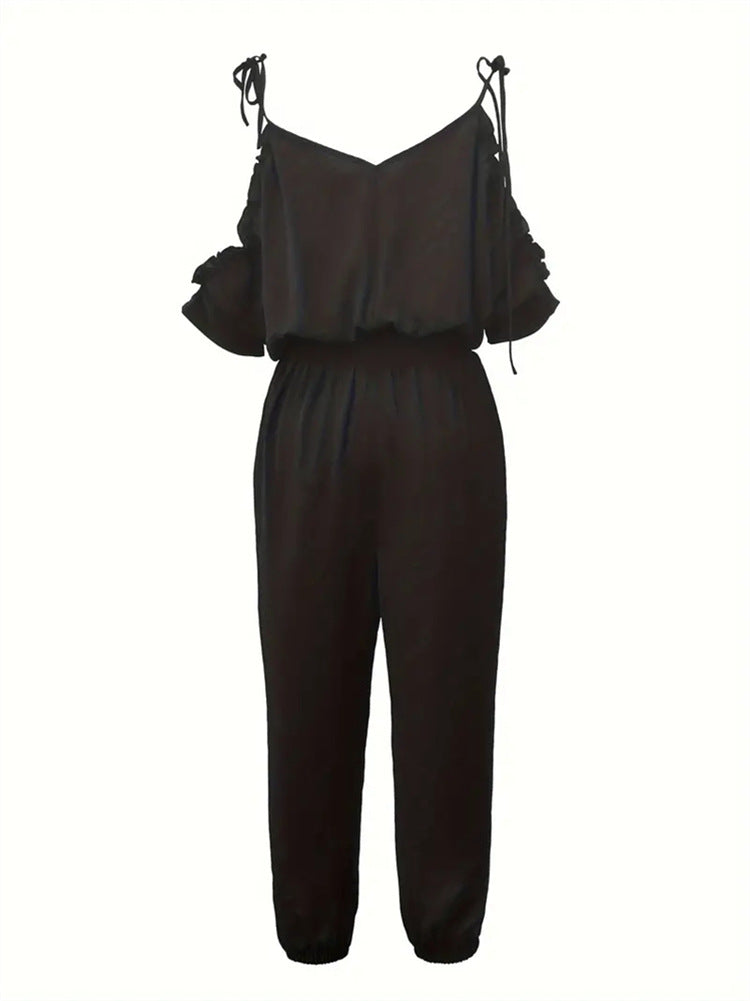 Off-Shoulder Jumpsuit with V-Neck and Tapered Legs