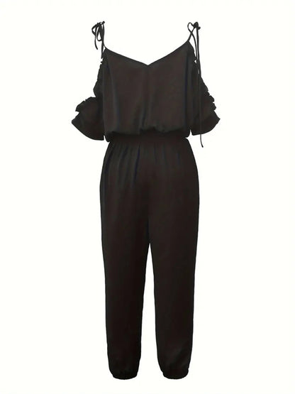 Off-Shoulder Jumpsuit with V-Neck and Tapered Legs