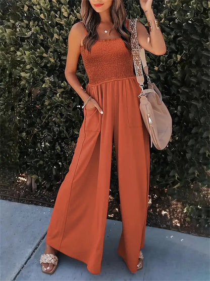Shirred Bodice Wide-Leg Jumpsuit with Pockets