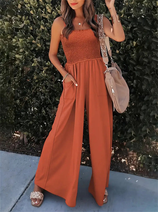 Shirred Bodice Wide-Leg Jumpsuit with Pockets