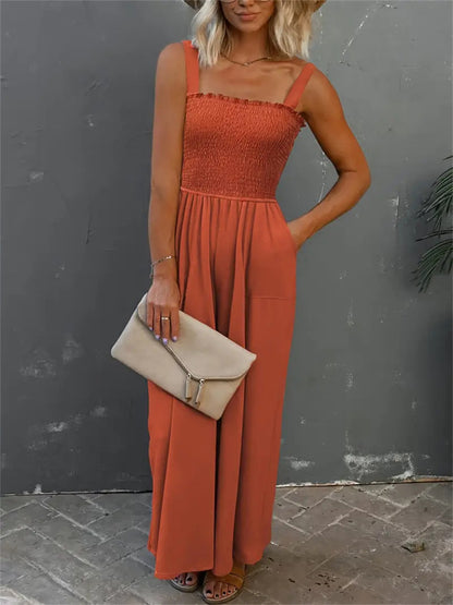 Shirred Bodice Wide-Leg Jumpsuit with Pockets
