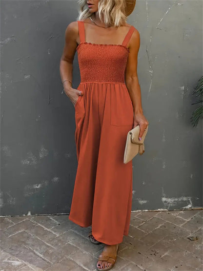 Shirred Bodice Wide-Leg Jumpsuit with Pockets