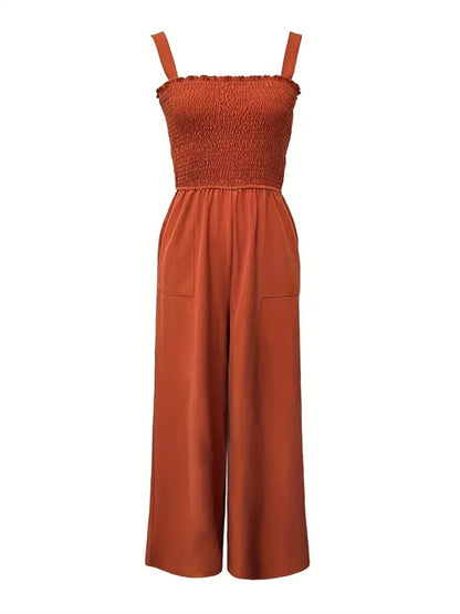 Shirred Bodice Wide-Leg Jumpsuit with Pockets