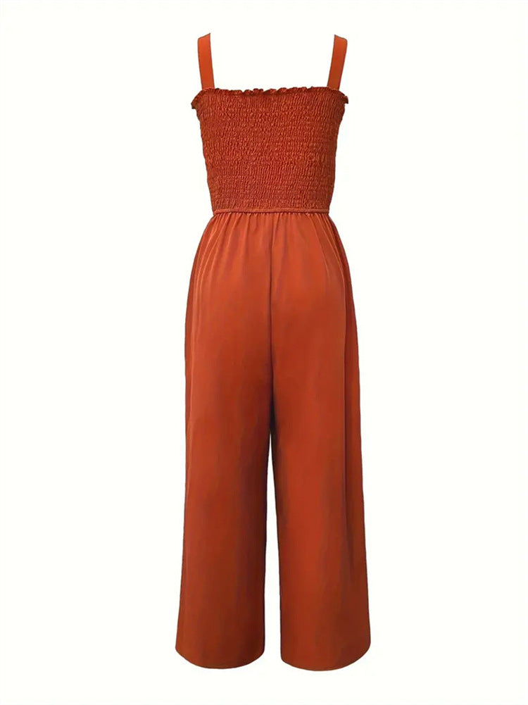 Shirred Bodice Wide-Leg Jumpsuit with Pockets