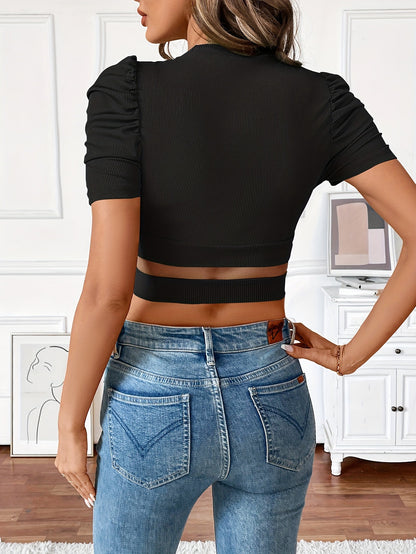 Solid Ribbed Crop Top with Puff Sleeves and Criss-Cross Cutout