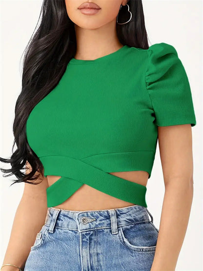 Solid Ribbed Crop Top with Puff Sleeves and Criss-Cross Cutout