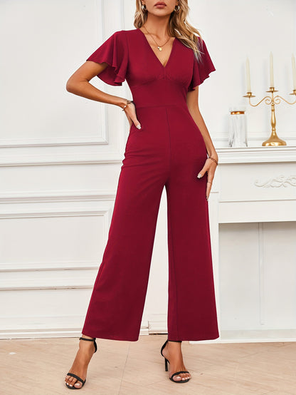 Straight-Leg Jumpsuit with Flutter Sleeves and V-Neck