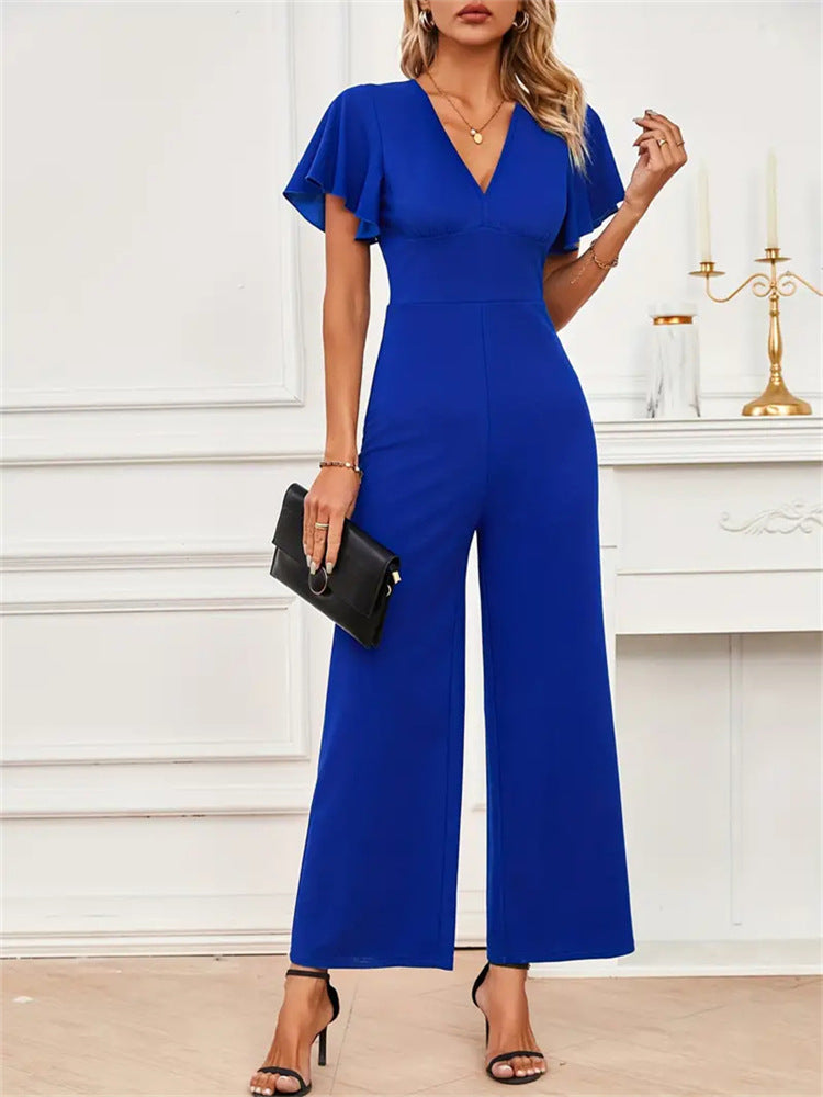 Straight-Leg Jumpsuit with Flutter Sleeves and V-Neck
