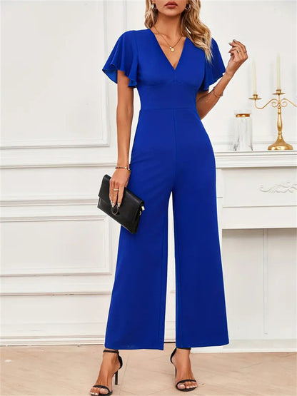 Straight-Leg Jumpsuit with Flutter Sleeves and V-Neck