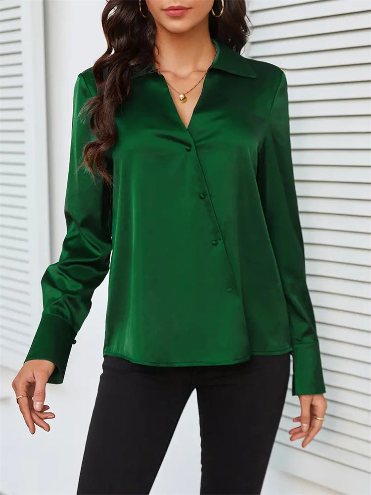 Solid Satin Blouse with Asymmetrical Button V-Neck