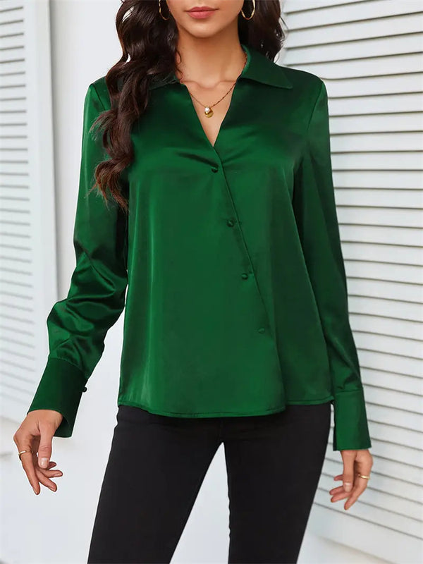 Solid Satin Blouse with Asymmetrical Button V-Neck