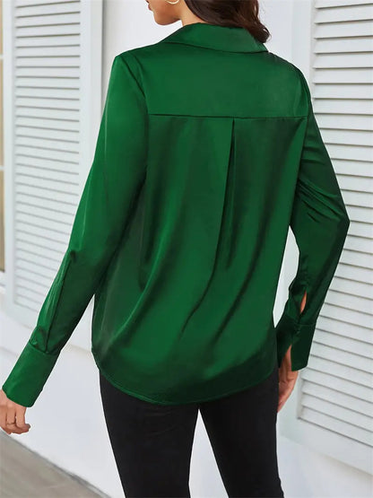 Solid Satin Blouse with Asymmetrical Button V-Neck