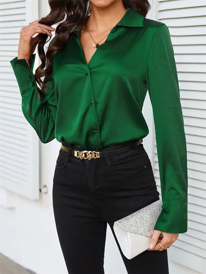 Solid Satin Blouse with Asymmetrical Button V-Neck
