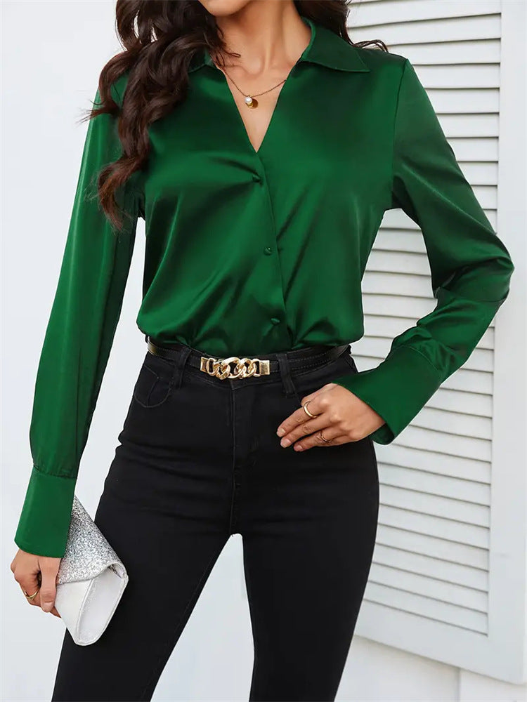 Solid Satin Blouse with Asymmetrical Button V-Neck