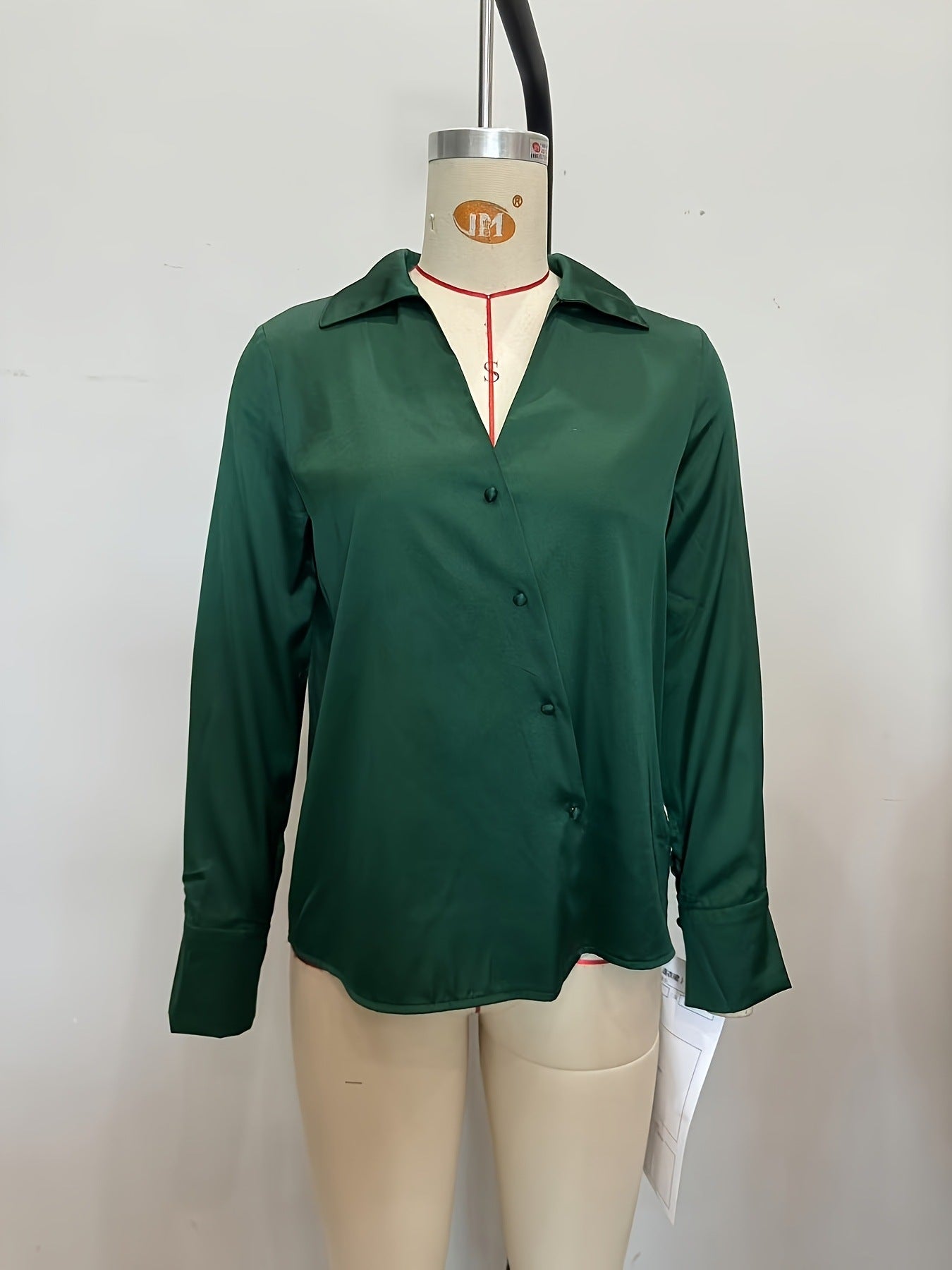 Solid Satin Blouse with Asymmetrical Button V-Neck