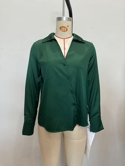 Solid Satin Blouse with Asymmetrical Button V-Neck
