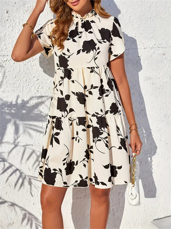 Floral Tiered Short Dress with Ruffle Neck