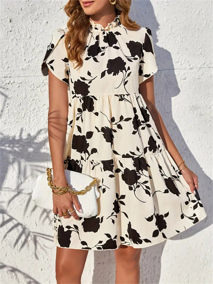 Floral Tiered Short Dress with Ruffle Neck