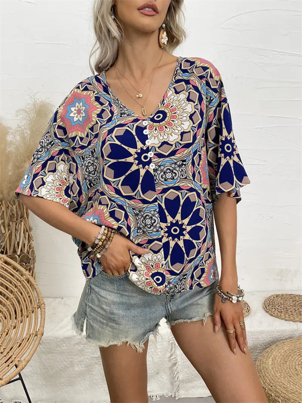 Geometric Floral Print Bat-Sleeve Top with V-Neck