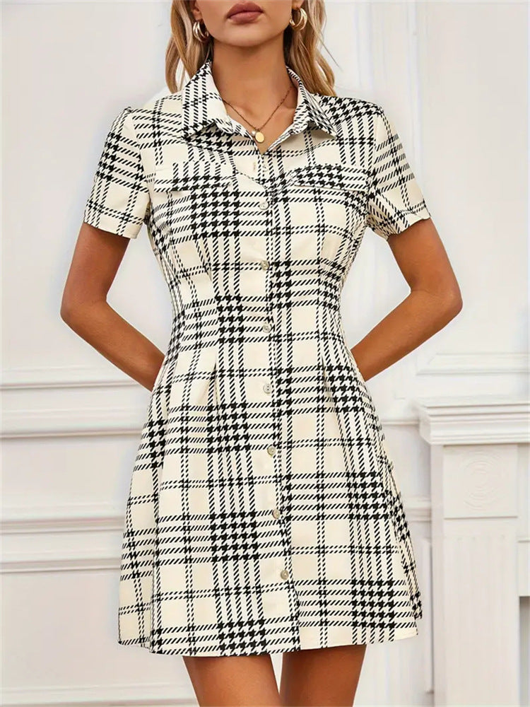 Houndstooth Shirt Dress with Lapel Collar and Cinched Waist