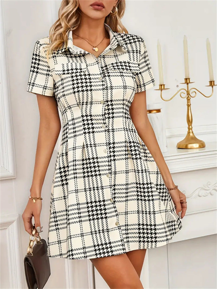 Houndstooth Shirt Dress with Lapel Collar and Cinched Waist