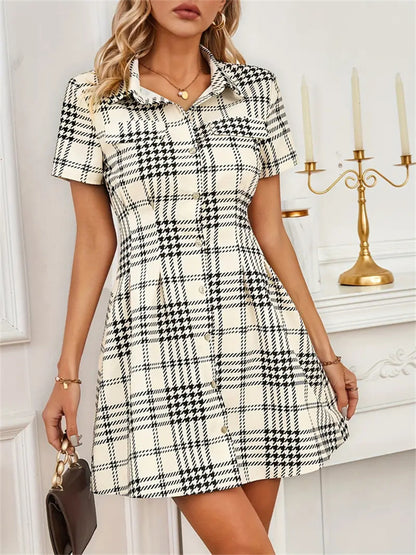 Houndstooth Shirt Dress with Lapel Collar and Cinched Waist